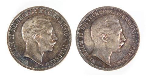 2x 3 Mark Wilhelm II Preussen 1909/11A